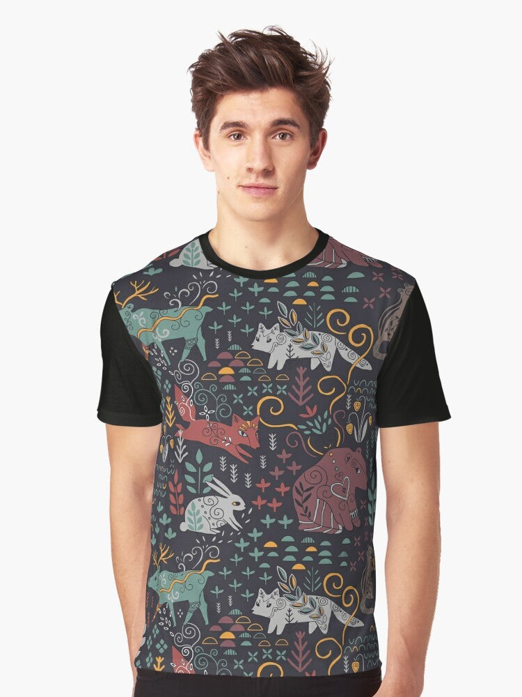 Graphic t-shirt featuring hand-drawn illustrations of Siberian wildlife including bear, deer, rabbit, fox, chipmunk, and sable. - Men