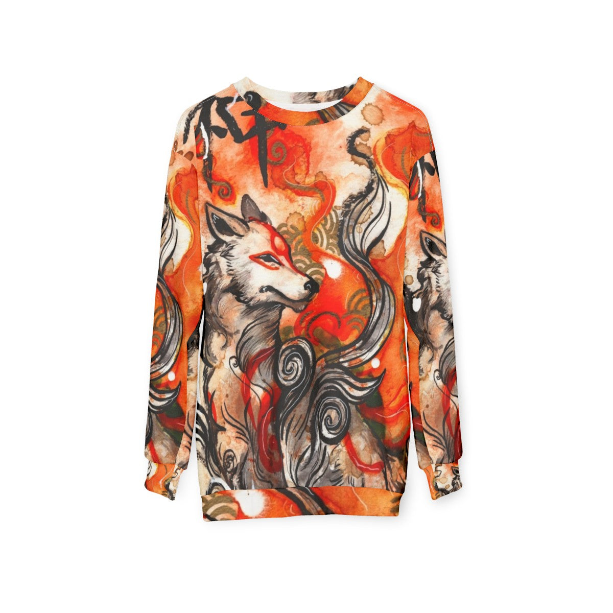 Okami Amaterasu inspired sweatshirt featuring a wolf-themed ink wash painting design - hanging