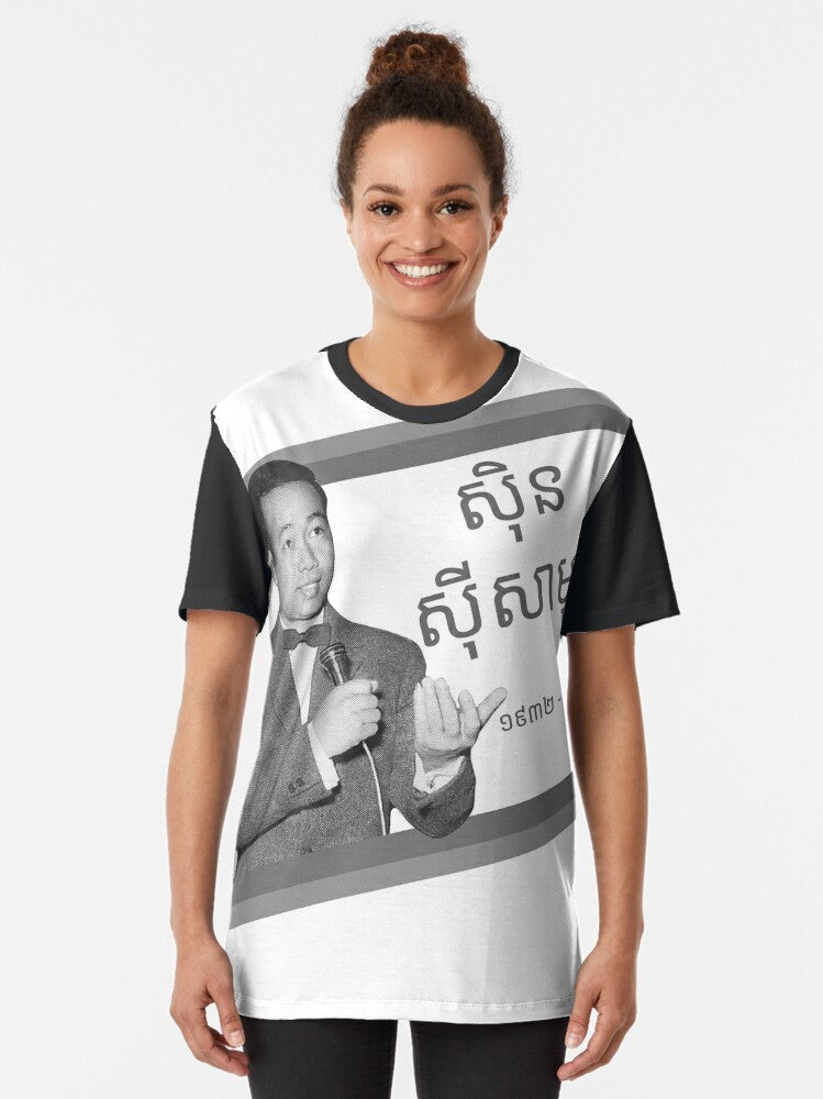 Graphic t-shirt featuring Sinn Sisamouth, the iconic Cambodian singer and "King of Khmer Music" - Women