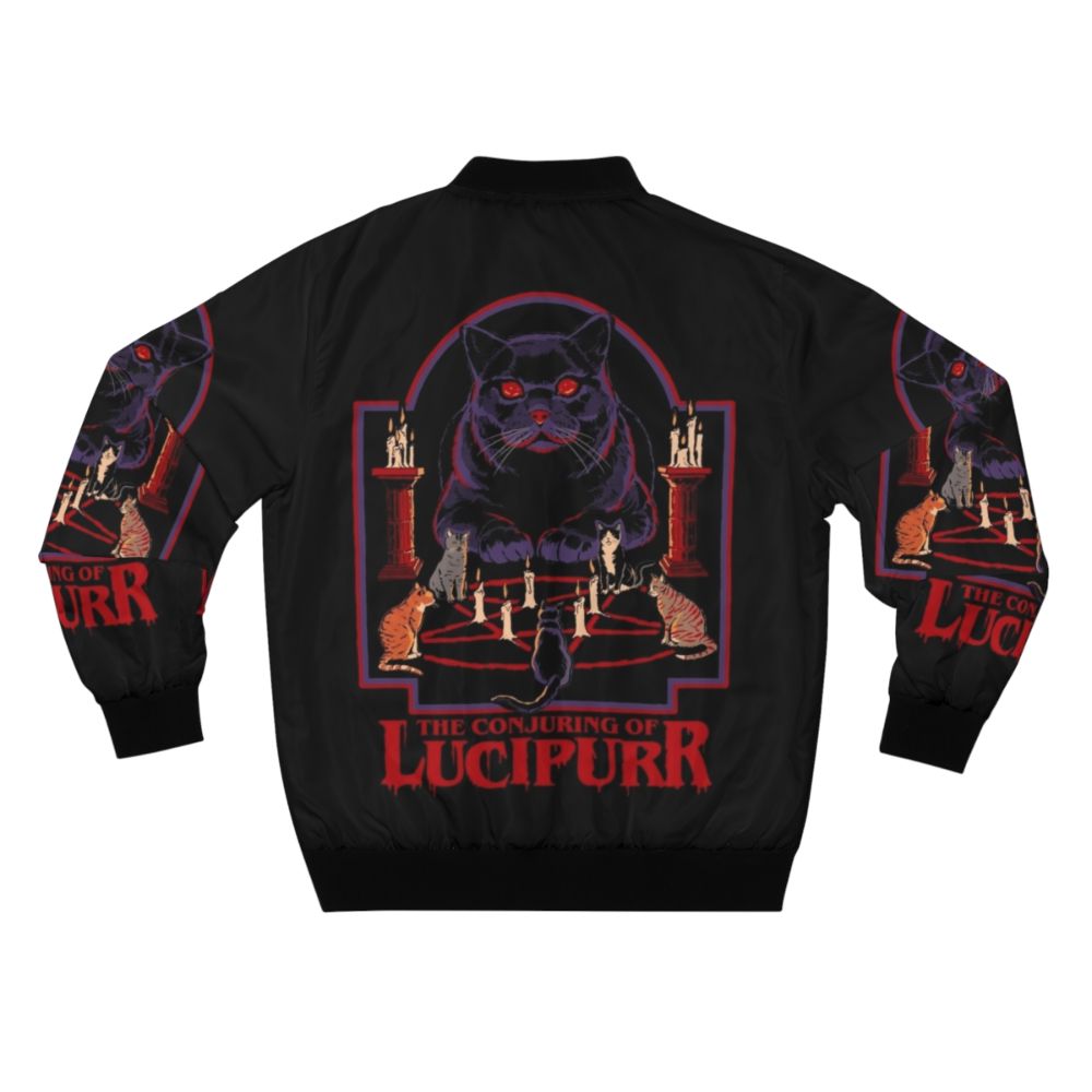 Stylish bomber jacket featuring a horror-themed pentagram design with cats, occult symbols, and fire effects - Back