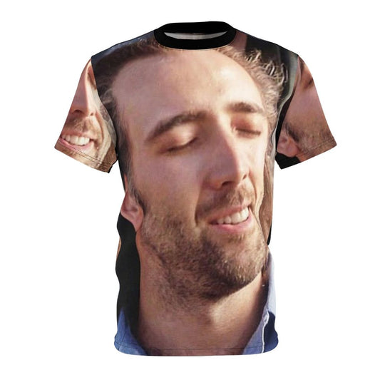 Stylized portrait graphic of famous actor Nicolas Cage on a t-shirt