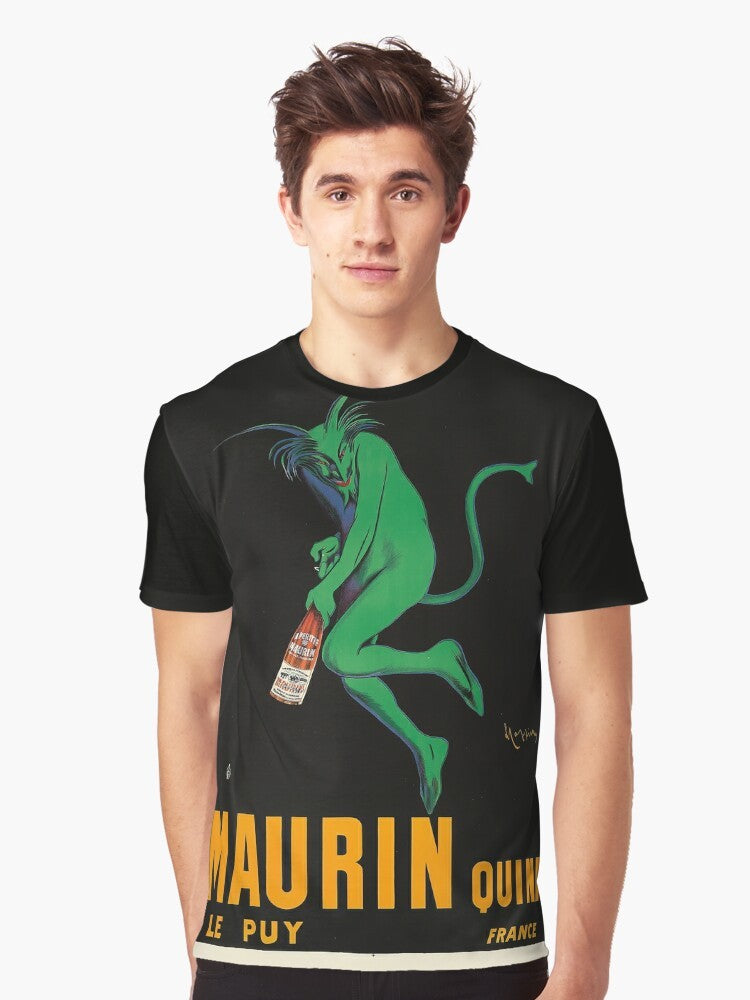 Vintage Maurin Quina wine label graphic t-shirt featuring the devilish design by Italian artist Leonetto Cappiello. - Men