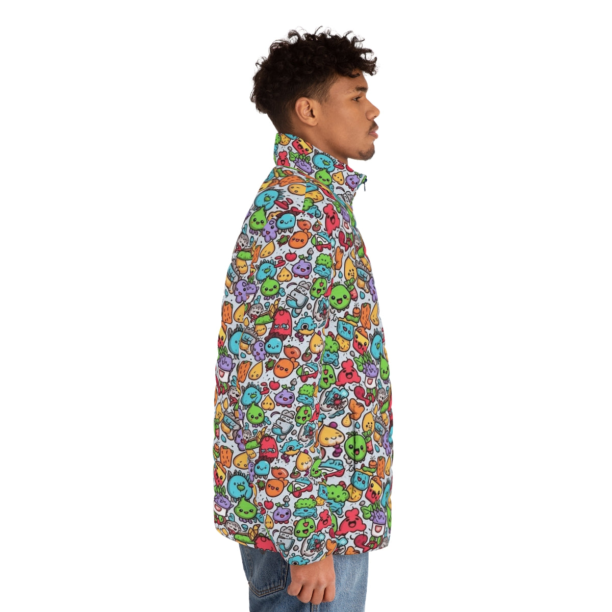 Hobbies puffer jacket with vibrant cartoon graphics of pineapple, snacks, and zoo animals - men side right