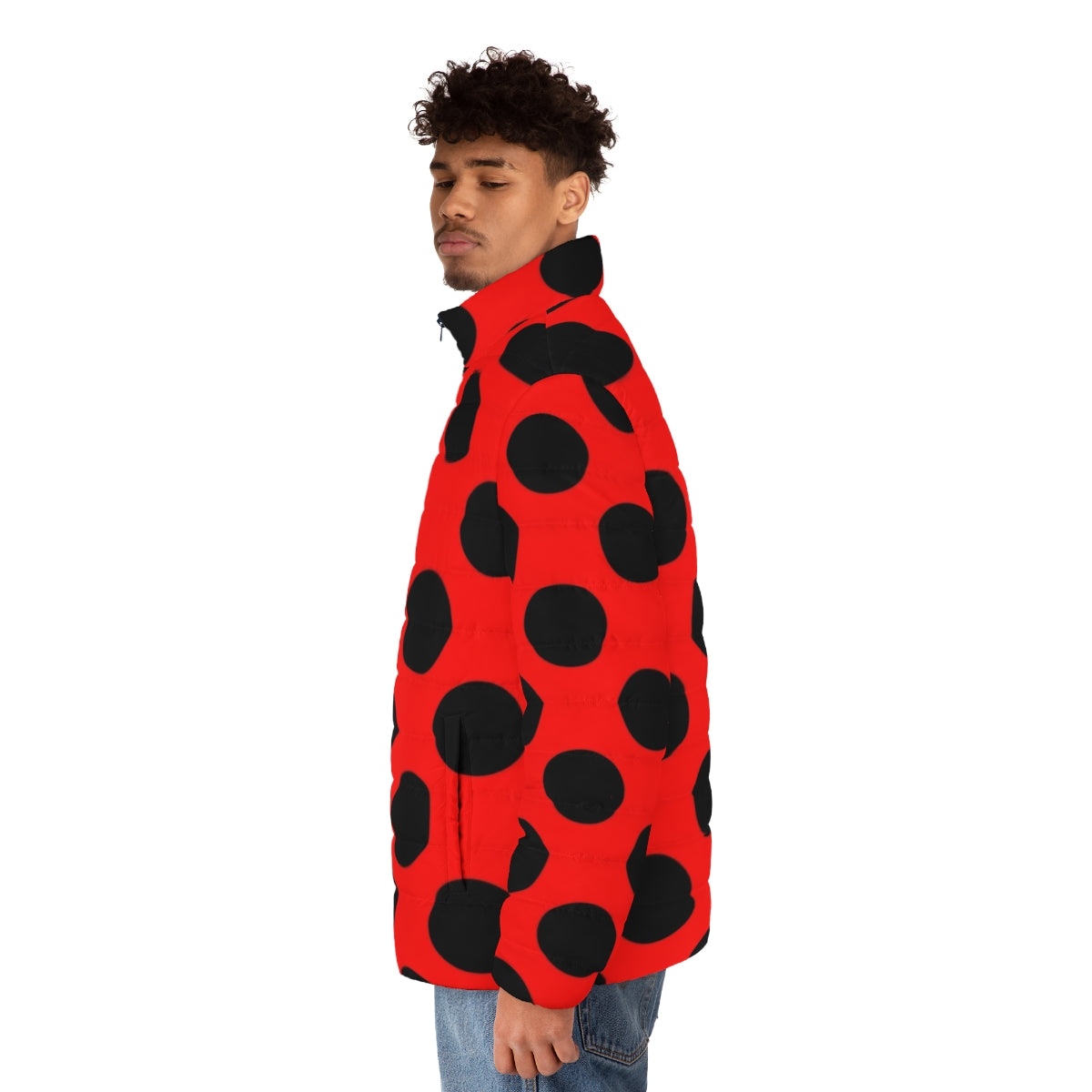 Woman wearing a red and black polka dot lady bug puffer jacket - men side left