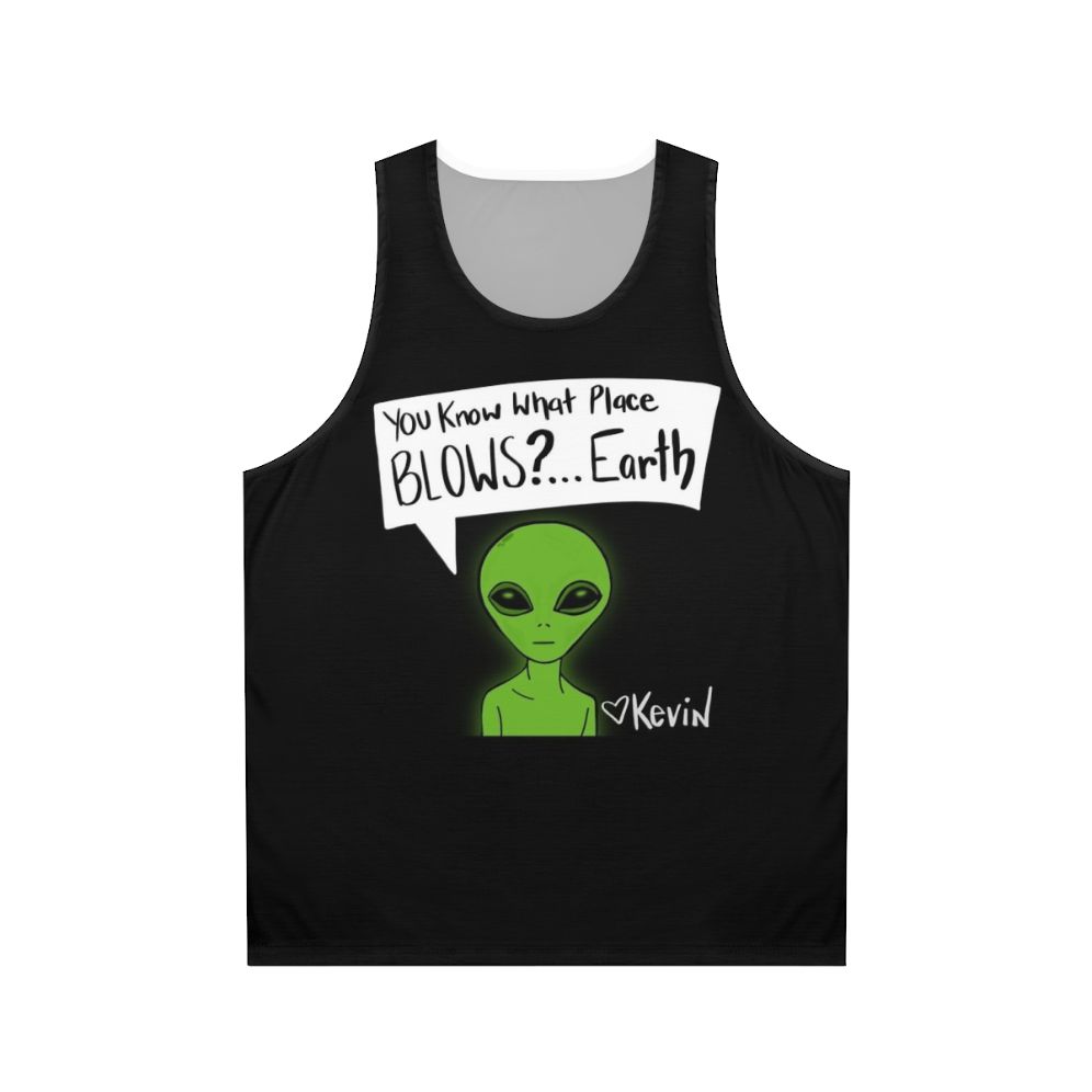 Unisex tank top with earth-themed design and pop culture references