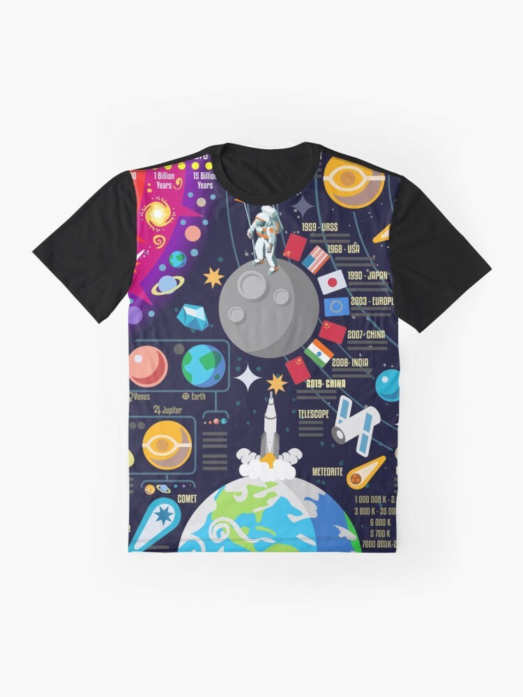 Space infographic design featuring the Big Bang, planets, and cosmic elements on a graphic t-shirt. - Flat lay