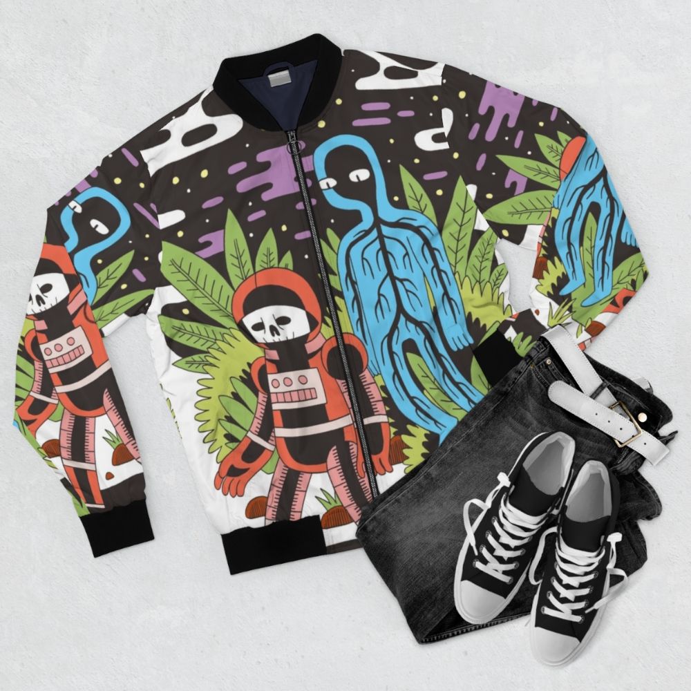 Ghost Space Bomber Jacket - A sci-fi inspired outerwear piece featuring a bold, graphic design of a dead astronaut in outer space. - Flat lay