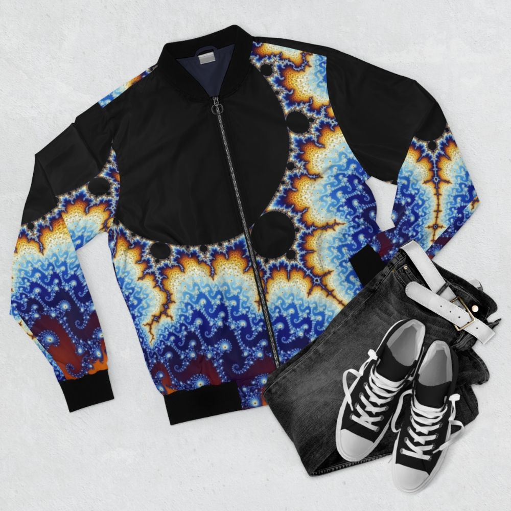 Colorful Mandelbrot set fractal pattern on a bomber jacket - Flat lay