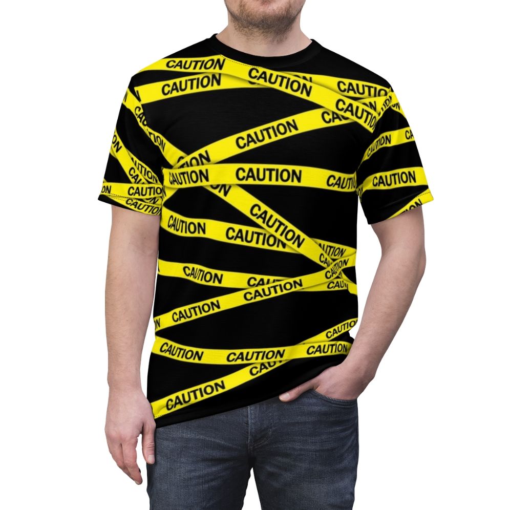 Bright yellow t-shirt with caution tape inspired design, warning and attention graphic - men front