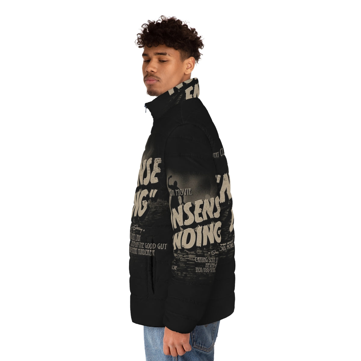 Vintage black and white puffer jacket with a chilling movie-inspired design - men side left