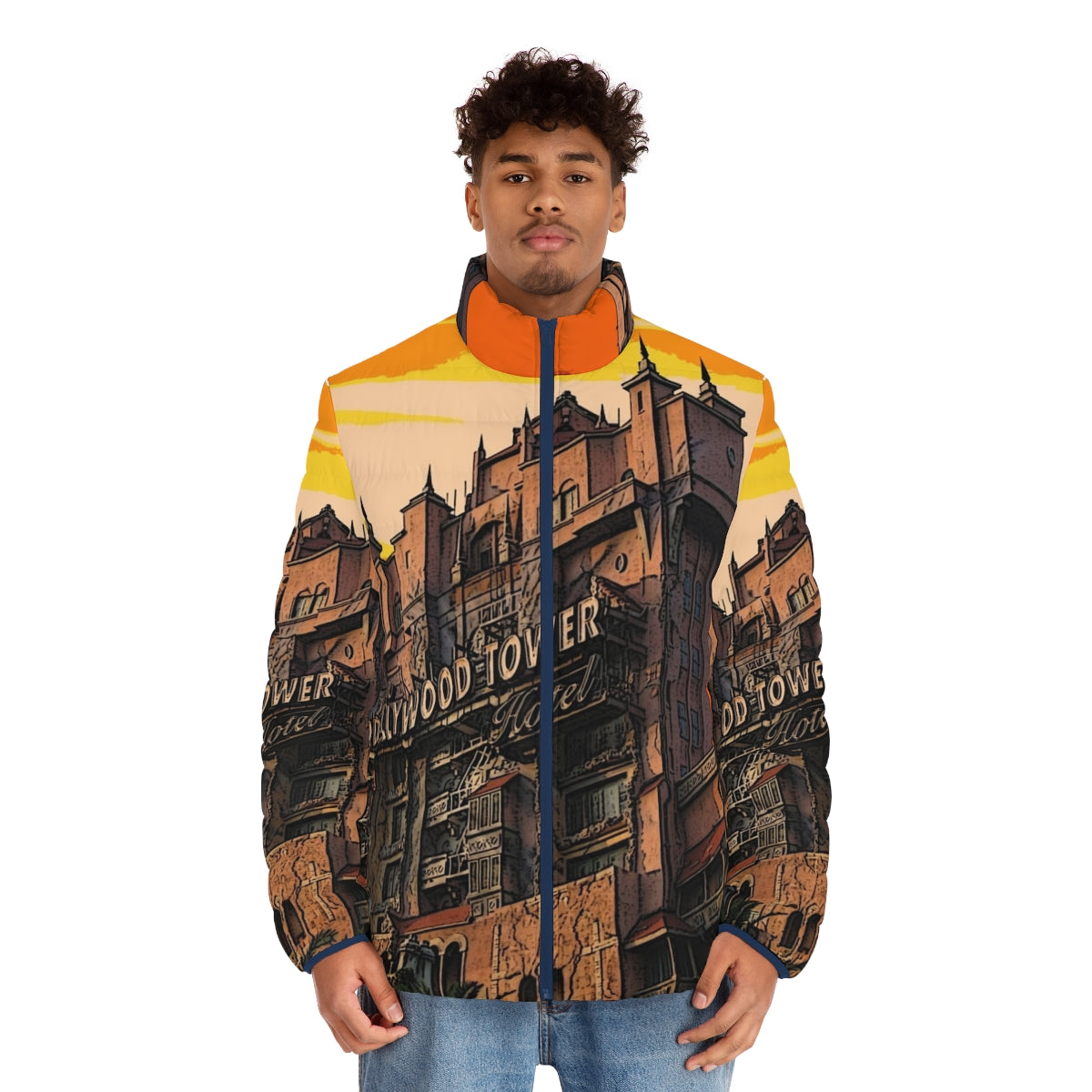 Vintage 1939 Hollywood-style puffer jacket inspired by the Disney Tower of Terror - men front