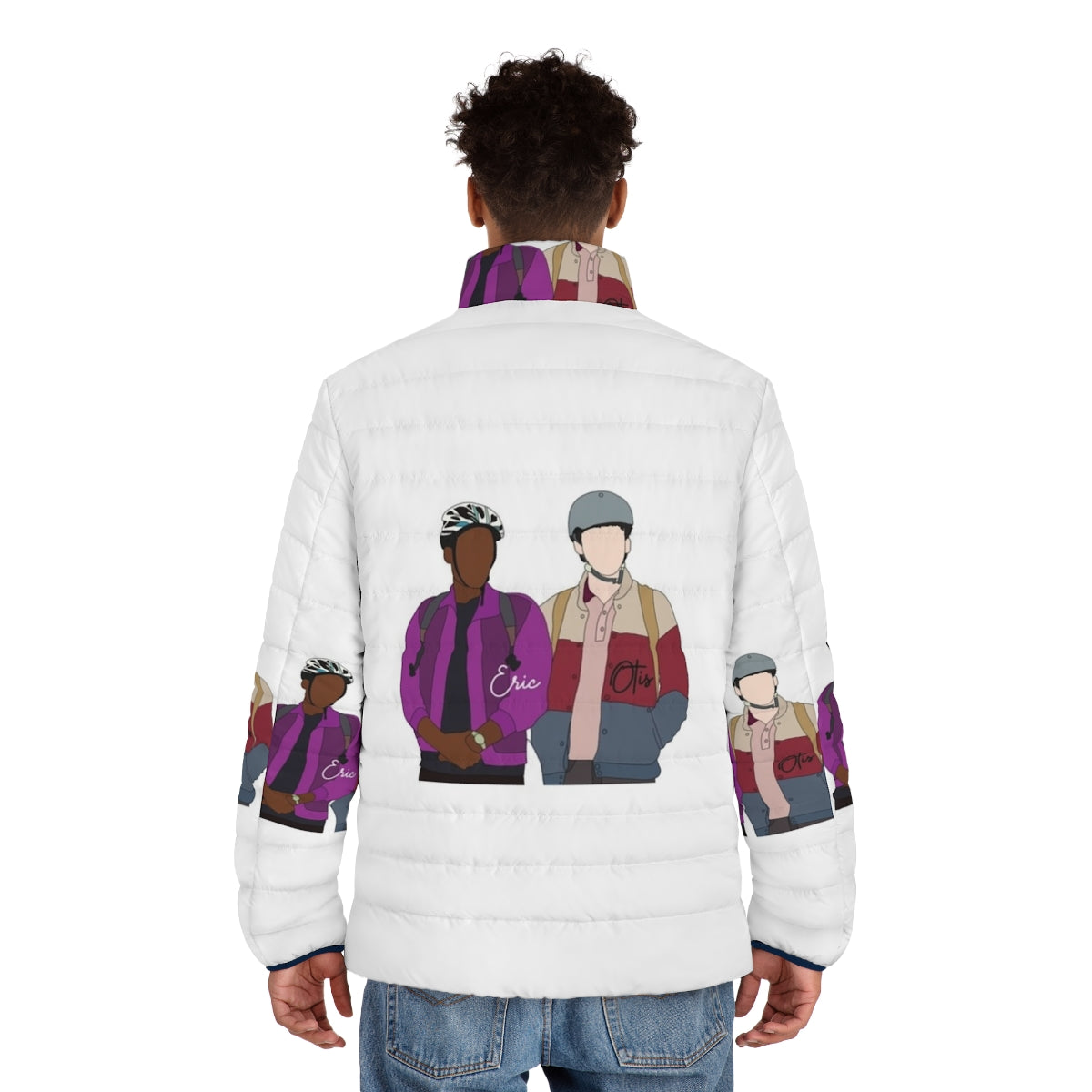 Sex Education Otis and Eric Puffer Jacket featuring the main characters from the Netflix series - men back