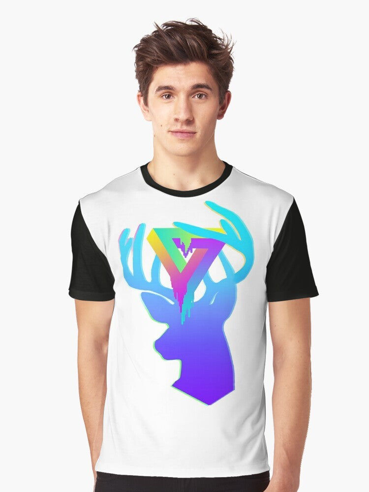 Deer silhouette design in neon colors on a graphic t-shirt, inspired by vaporwave aesthetics. - Men