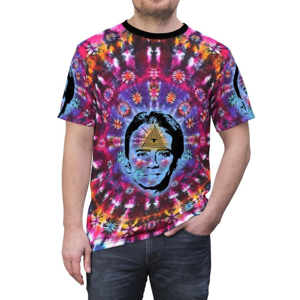 Tie dye t-shirt featuring a graphic design of Nicolas Cage's face - men front