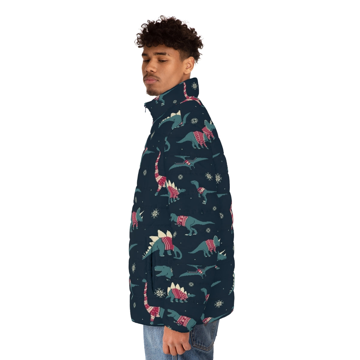 Puffer jacket featuring cute dinosaurs wearing festive sweaters - men side left