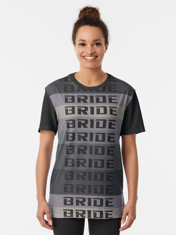 Bride JDM Material Graphic T-Shirt with Nissan, Miata, and Supra Designs for Car Enthusiasts - Women