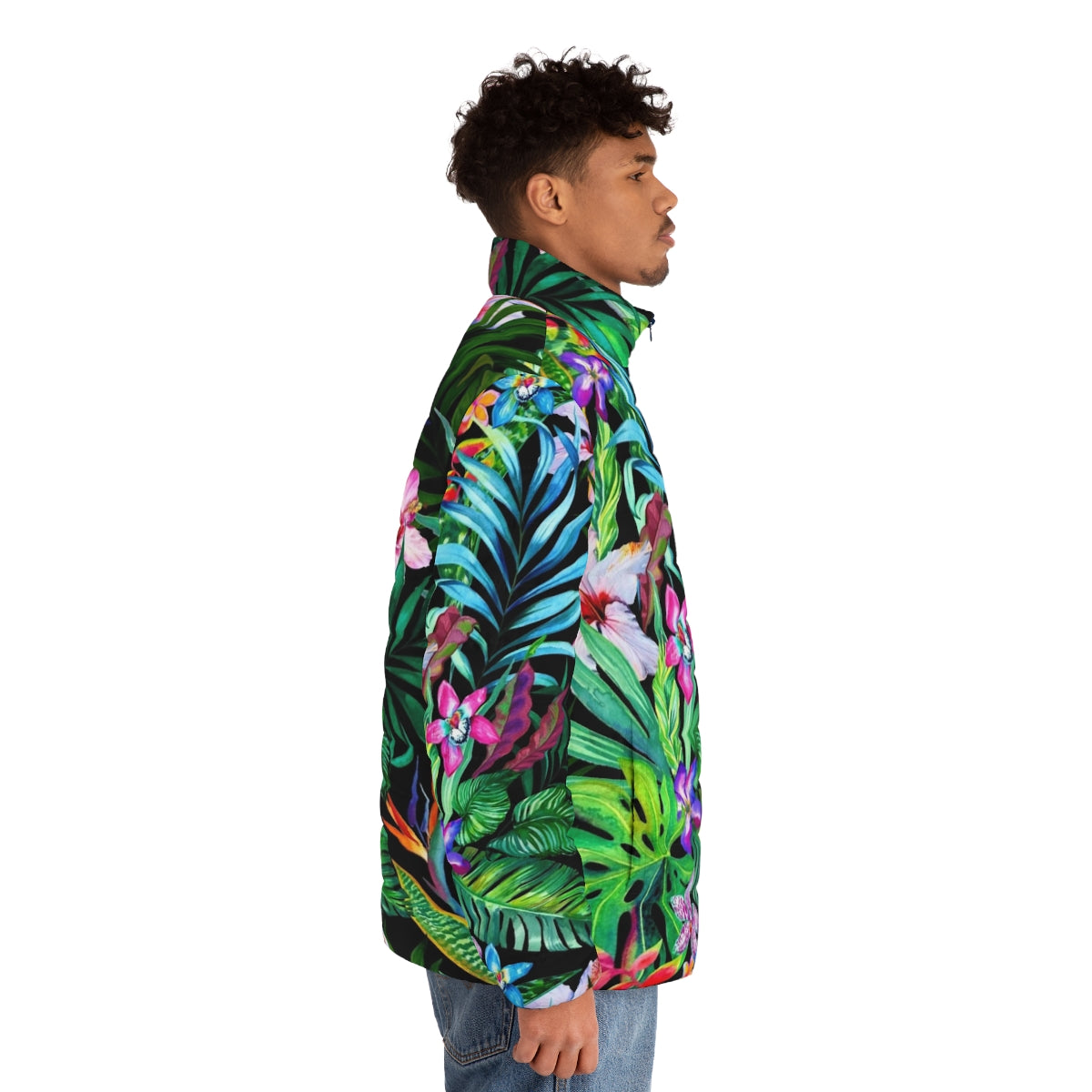 Tropical Fest Puffer Jacket with vibrant floral and leaf pattern - men side right