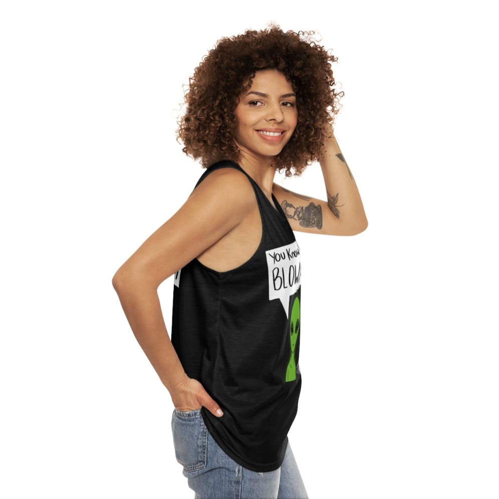 Unisex tank top with earth-themed design and pop culture references - women side