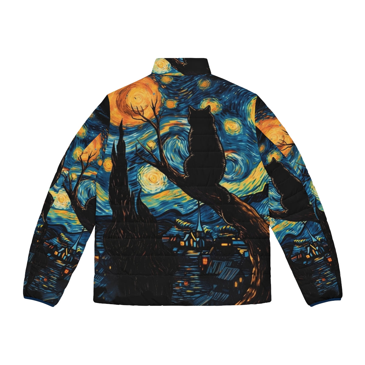 Vincent Van Gogh Starry Night inspired black cat puffer jacket - Back