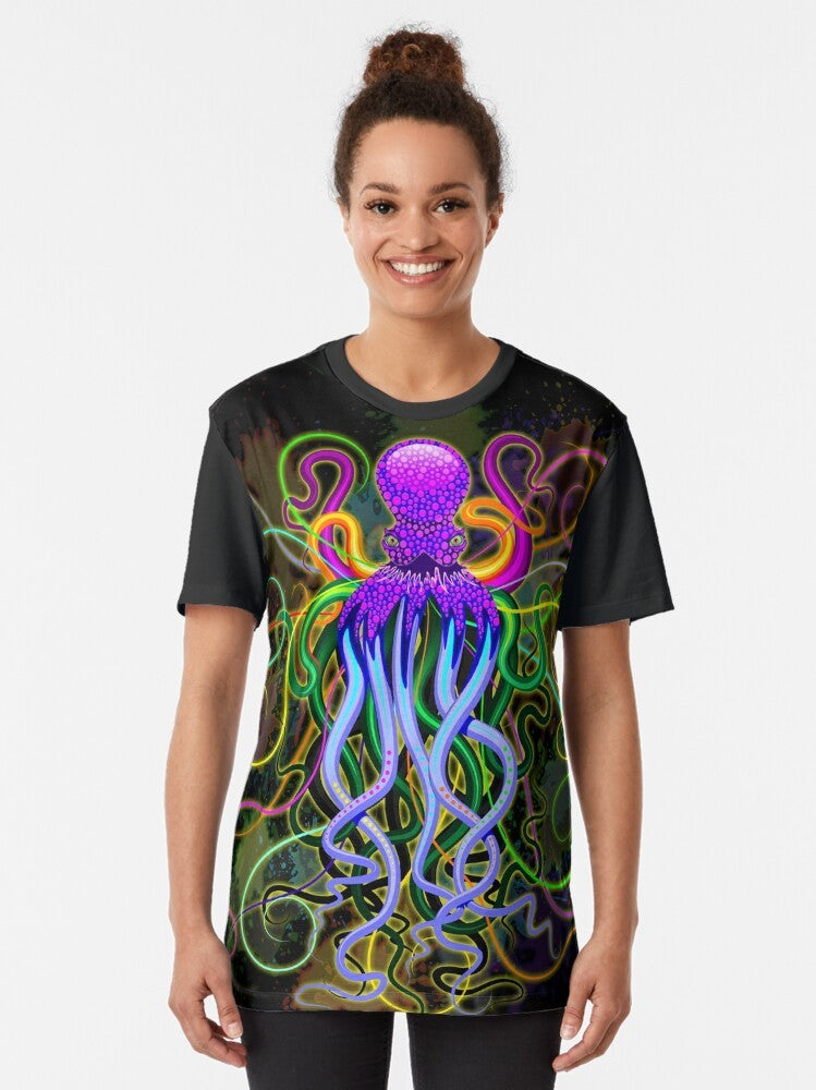 Colorful and psychedelic design featuring an octopus with luminescent tentacles against a surreal background. - Women