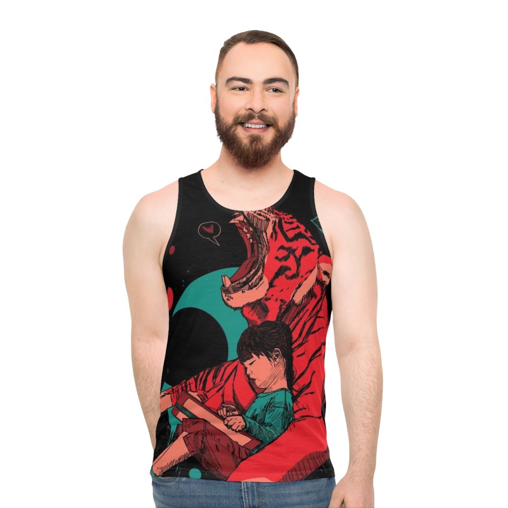 Unisex fantasy graphic tank top featuring a tiger and girl - men