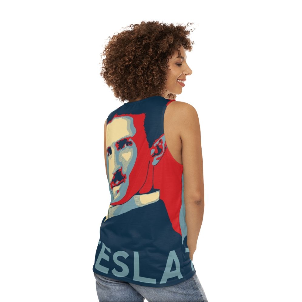 Nikola Tesla Unisex Tank Top featuring a Tesla coil design - women back