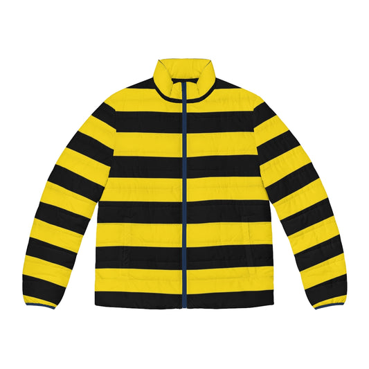 Vibrant yellow and black wide horizontal striped puffer jacket