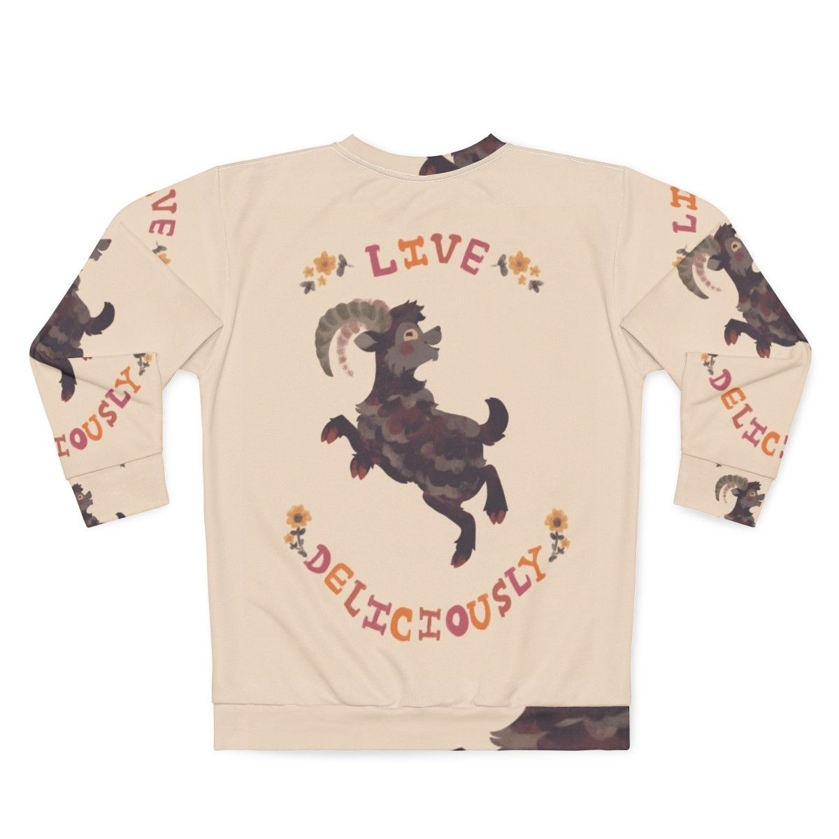 Live Deliciously Sweatshirt with Witch, Horror, and Halloween Imagery - Back