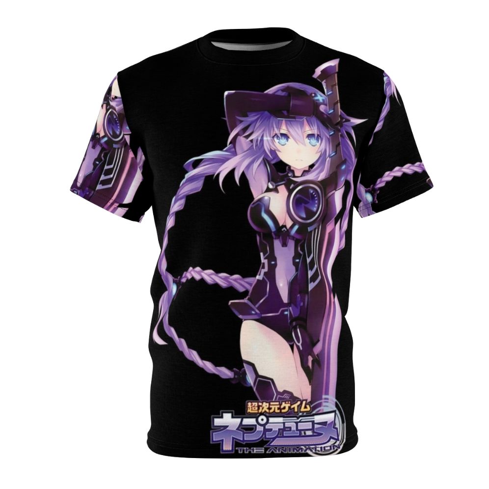 Anime-inspired t-shirt design featuring the character Purple Heart from the Hyperdimension Neptunia series, holding a glowing sword.