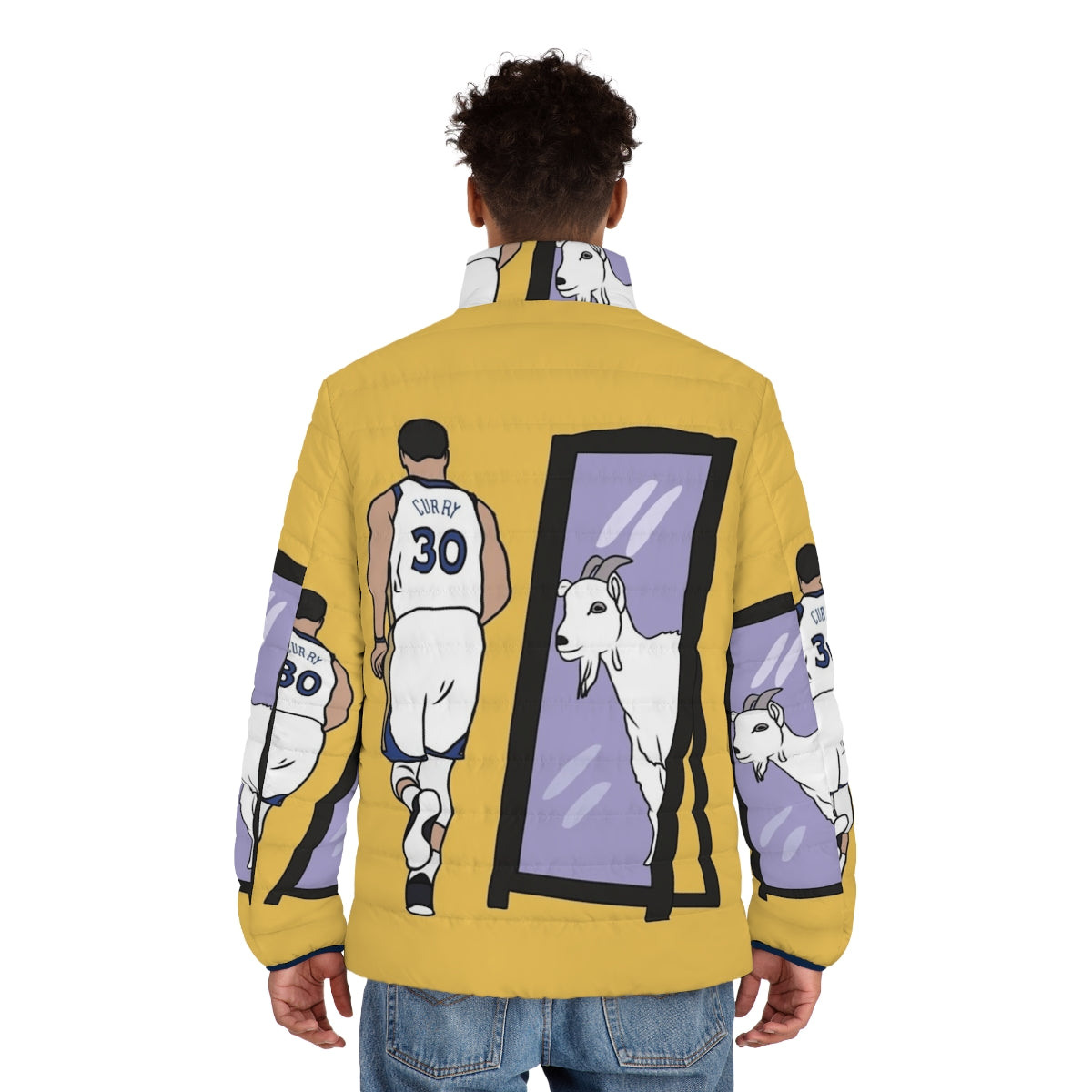 Steph Curry wearing a puffer jacket with the text "Mirror GOAT" - men back