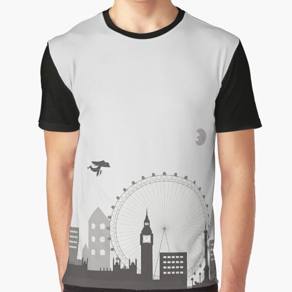 A grey and black graphic t-shirt featuring an urban cityscape and smog design