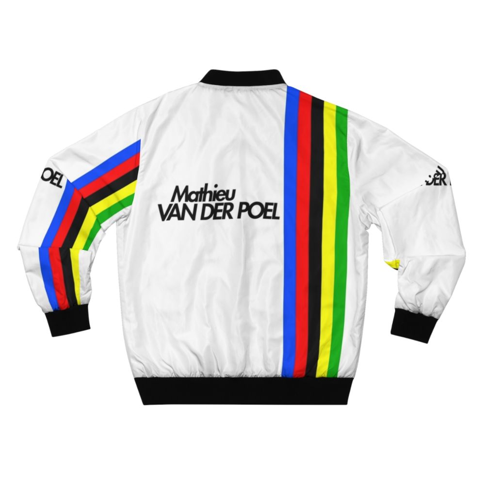 Mathieu van der Poel wearing a cycling bomber jacket with world championship design - Back