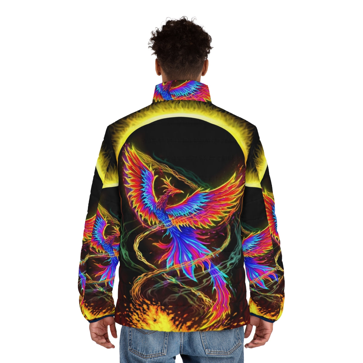 Phoenix rising above adversity puffer jacket with fire and smoke background - men back