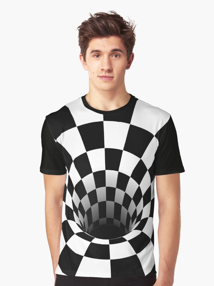 Optical illusion black and white graphic tee with a warped checkerboard design - Men