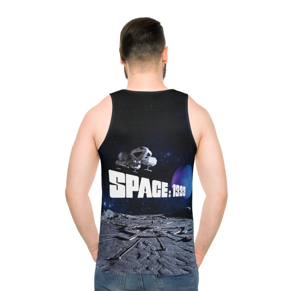 Retro sci-fi unisex tank top with eagle and planet design - men back