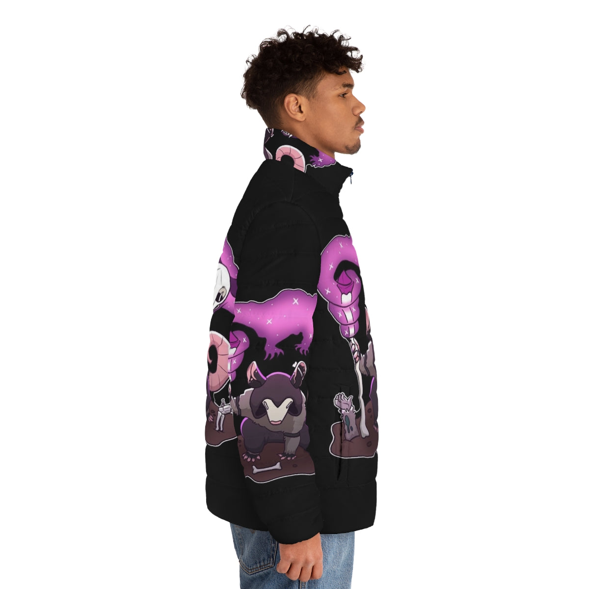 A dark and mystical puffer jacket featuring an opossum design with necromantic elements - men side right