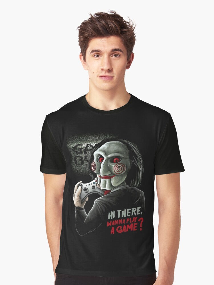 "Wanna Play a Game?" Saw-inspired graphic t-shirt featuring Jigsaw from the classic horror movie franchise - Men