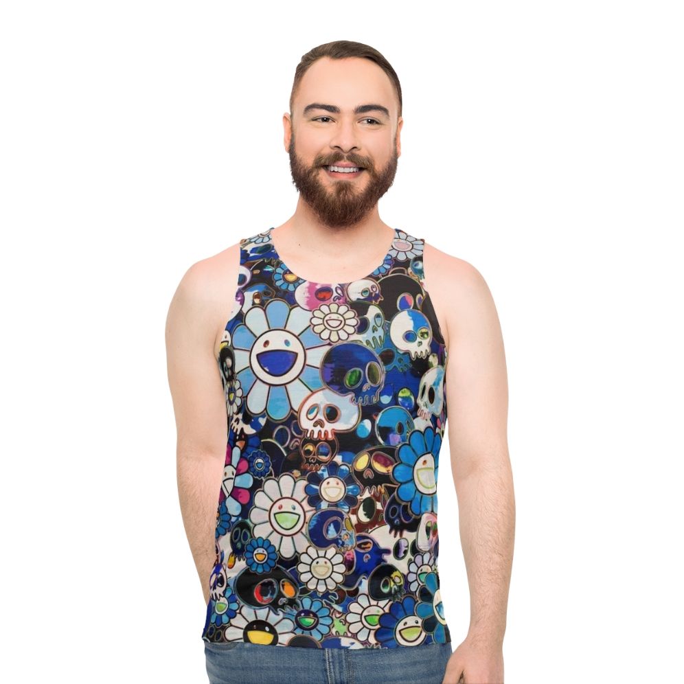 Unisex tank top with abstract floral pattern inspired by Takashi Murakami - men