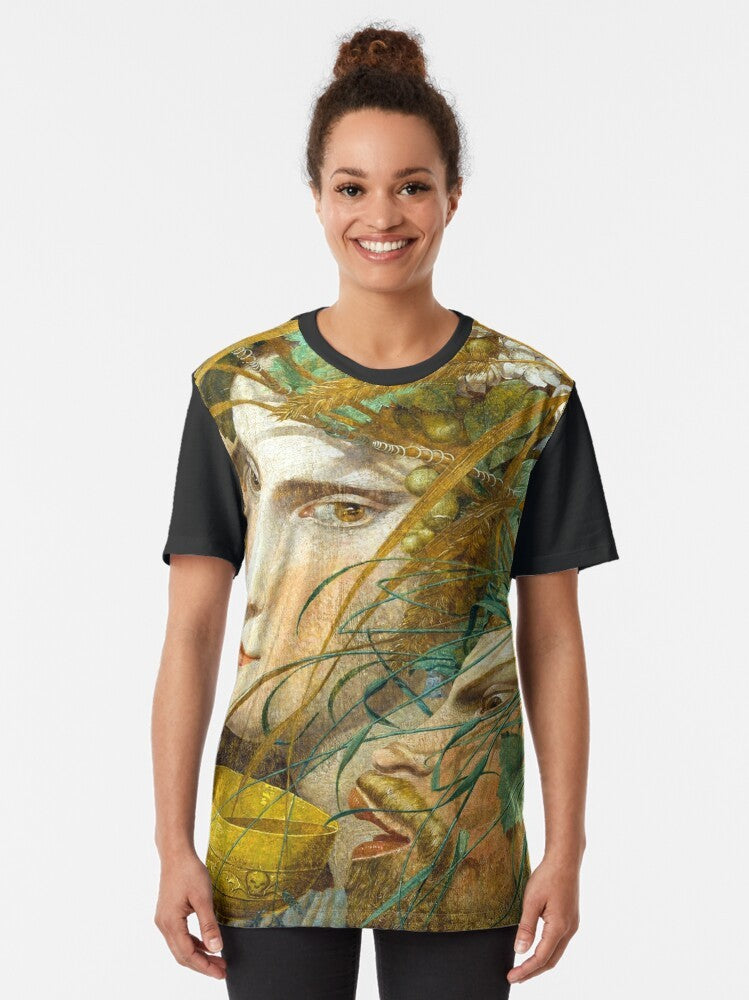 Graphic t-shirt featuring "Bacchanalian Scene" painting by Richard Dadd, depicting the mythological bacchanalia of Dionysus. - Women