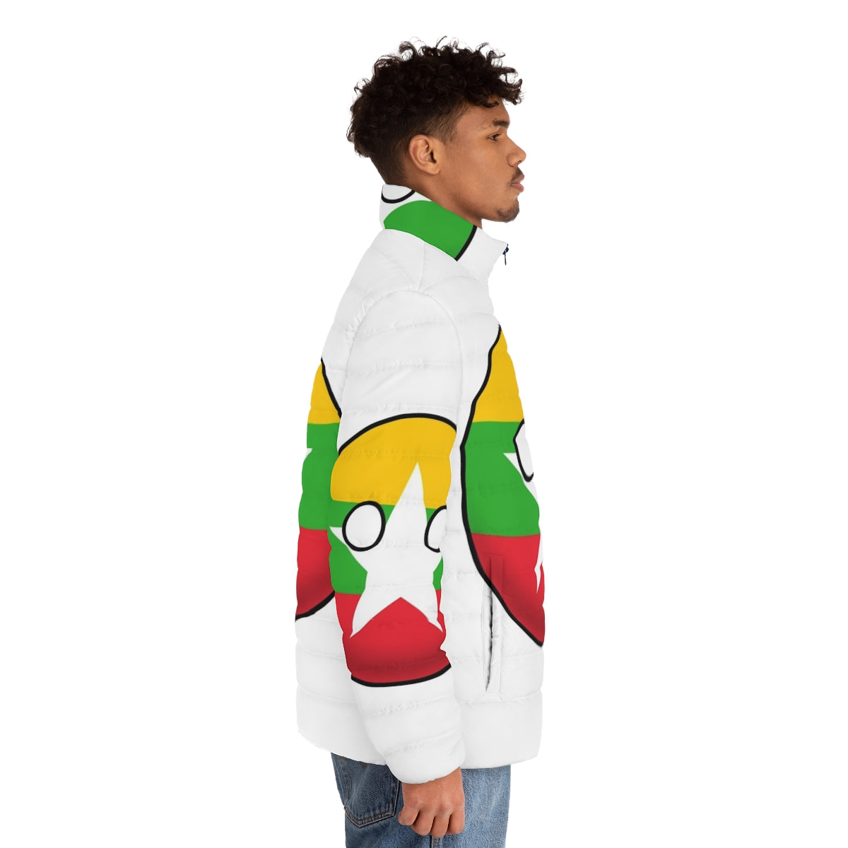 Myanmar Countryball Puffer Jacket featuring the flag and cultural elements of Myanmar - men side right