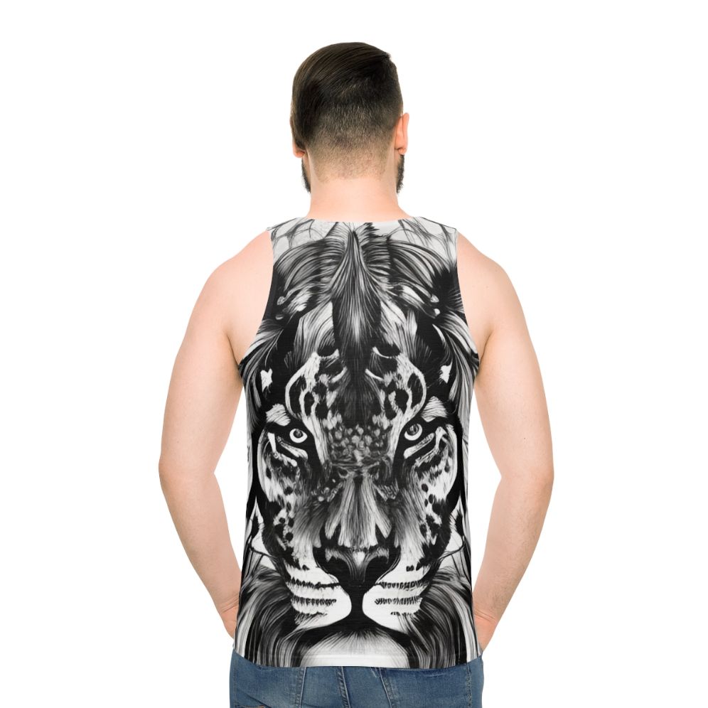 Colorful lion portrait graphic on unisex tank top - men back