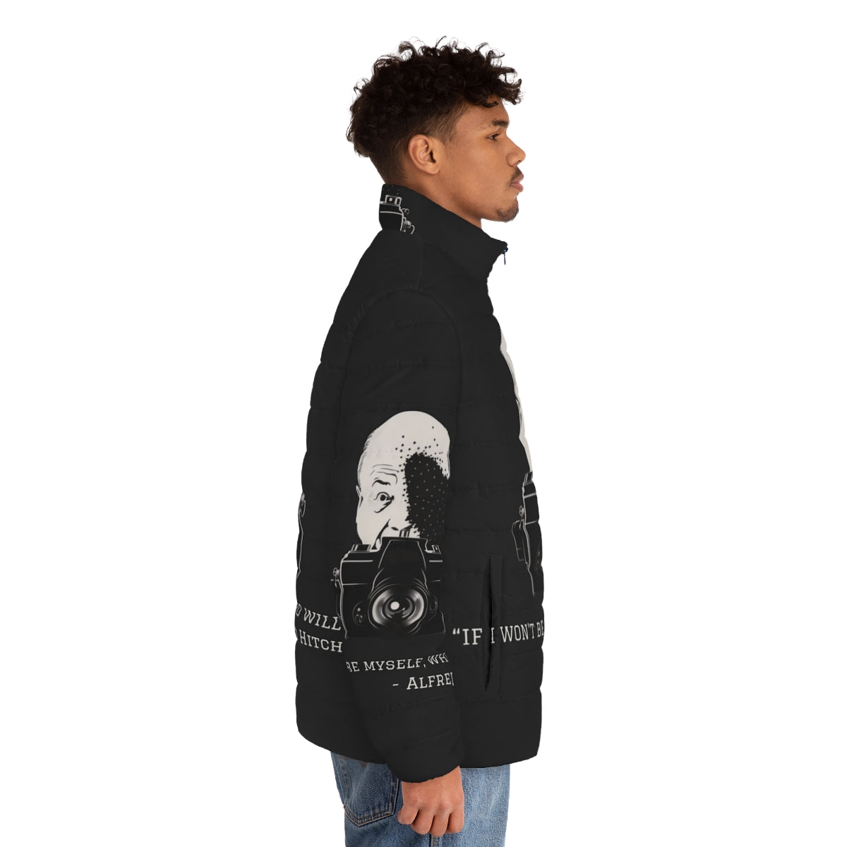 Alfred Hitchcock quote puffer jacket for fans of the iconic director - men side right