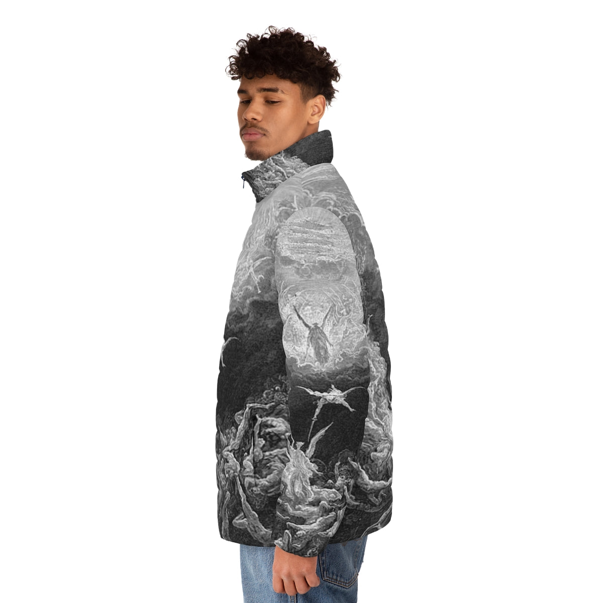 Puffer jacket featuring Gustave Doré's famous religious illustration 'The Last Judgement' - men side left