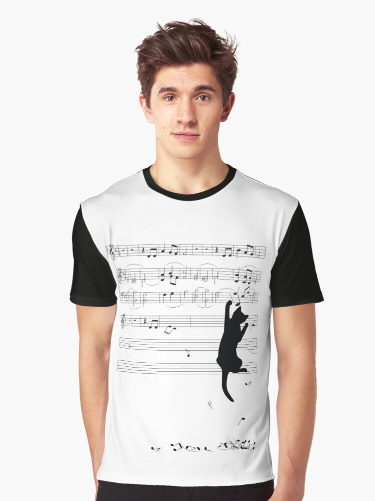 Mischievous cat silhouette playing with sheet music on a black and white graphic t-shirt design - Men