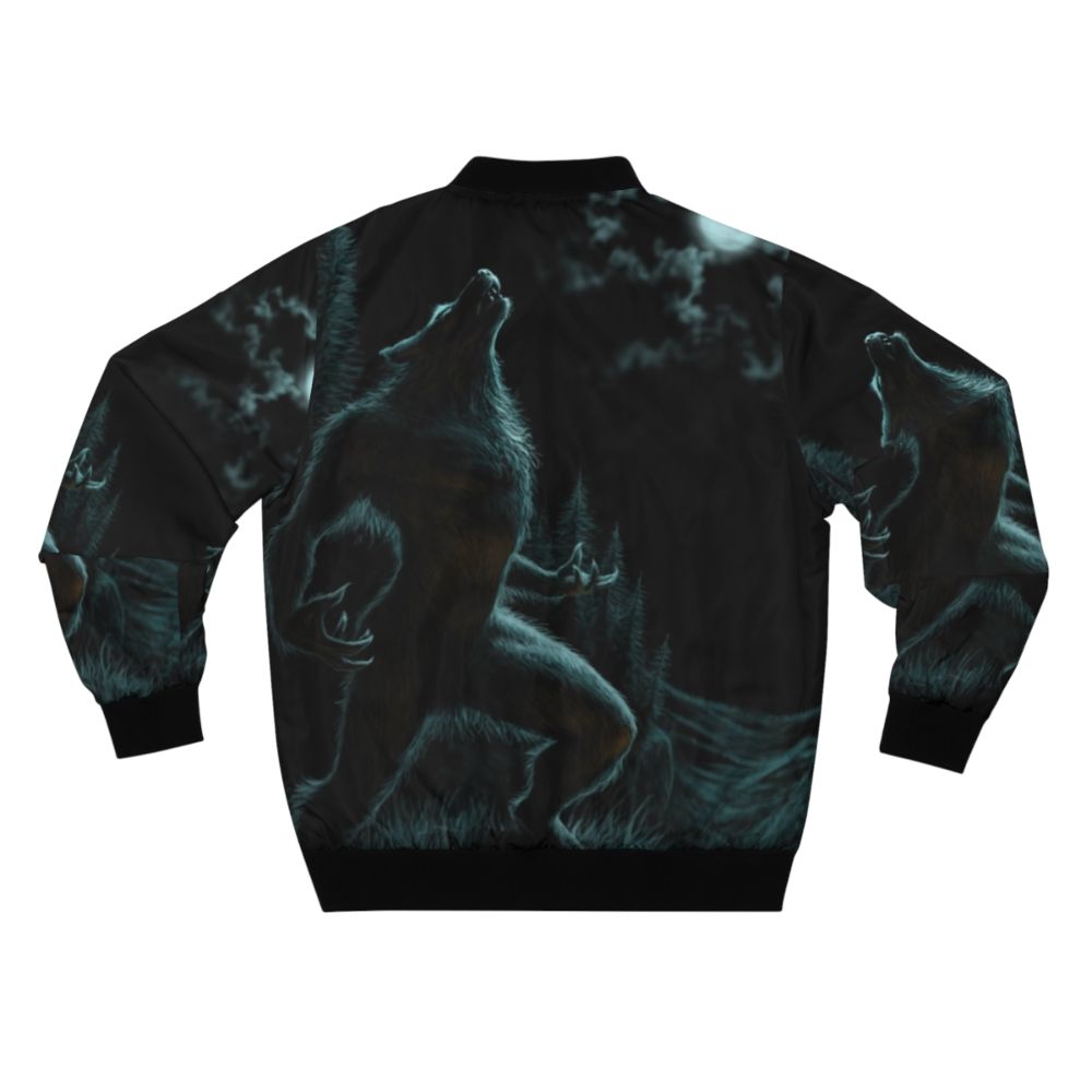 Werewolf-themed bomber jacket with howling wolf design under a full moon - Back