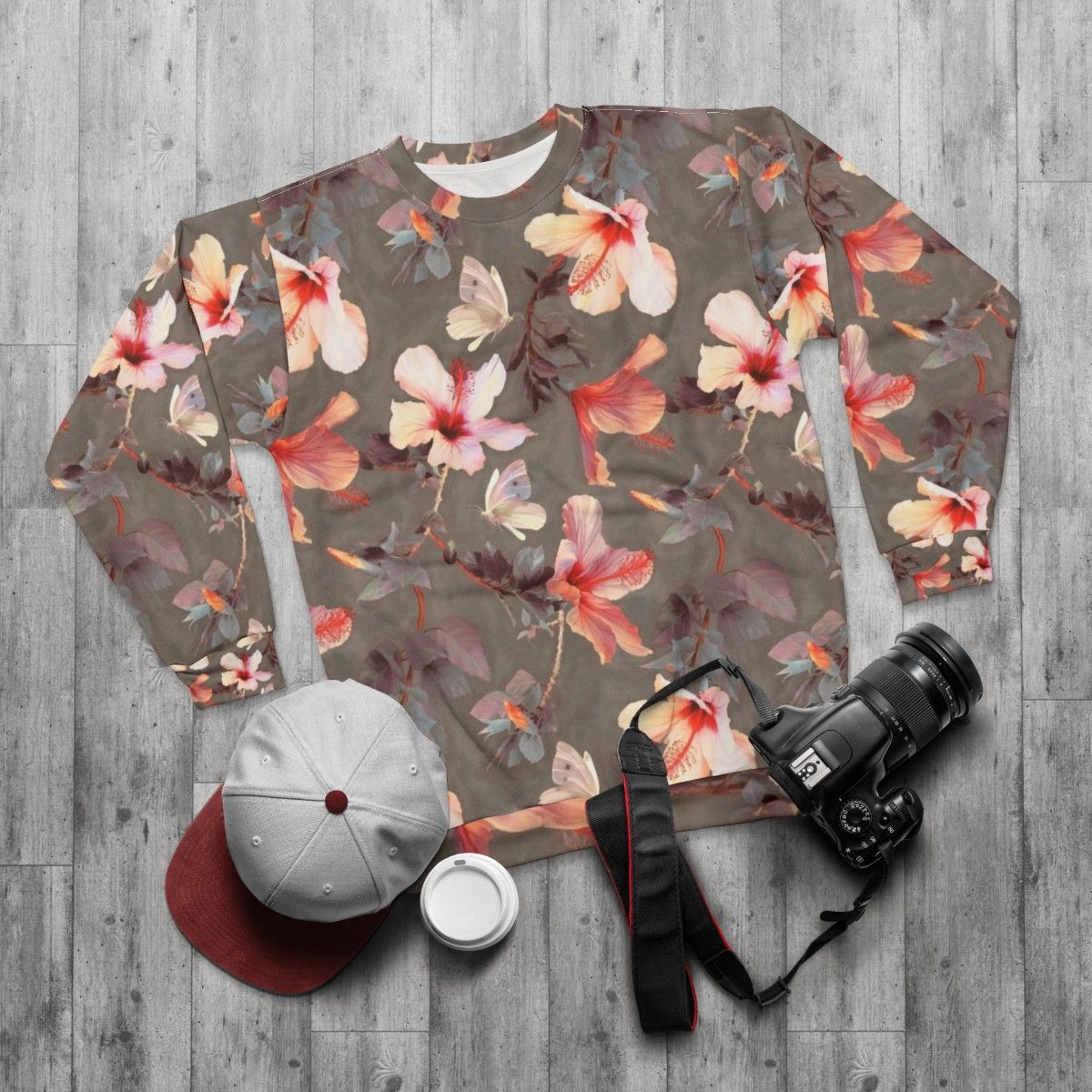 Coral hibiscus floral printed sweatshirt - flat lay