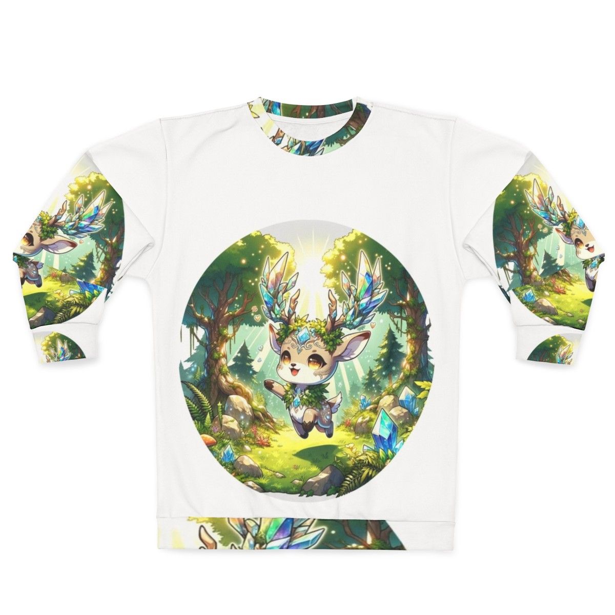 Deer sweatshirt with fantasy crystal forest design