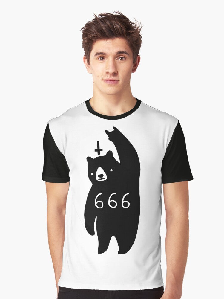 Black Bear Metal Graphic T-Shirt with Devil Horns and Satanic Symbols - Men