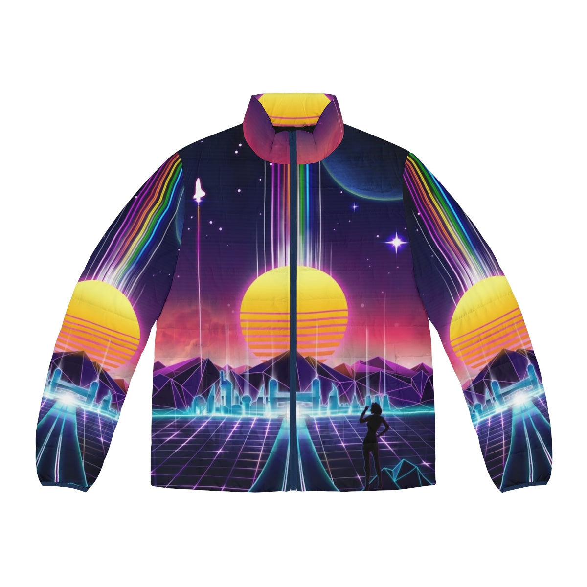 Neon Sunrise Retro Futuristic Puffer Jacket with video game and space exploration inspired design