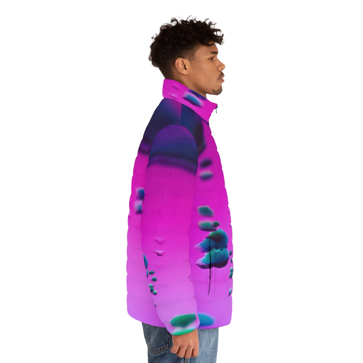 Psychedelic iridescent puffer jacket with trippy, dreamy abstract design - men side right